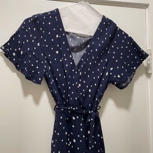 Long, navy and white polka dot dress. Great for fall and as a maternity dress!